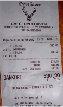 Factura de cuatro comensales en Café Dyrehaven en Copenhage
